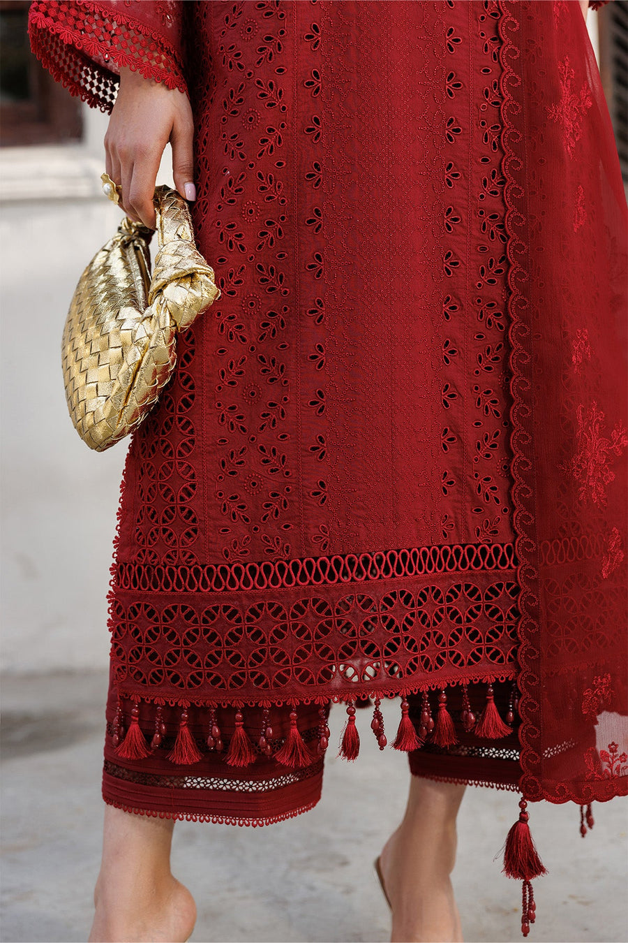 Crimson Dahlia – Luxury Monochrome Schiffli Embroidered Deep Red 3-Piece Lawn Suit - Pehnaawaa