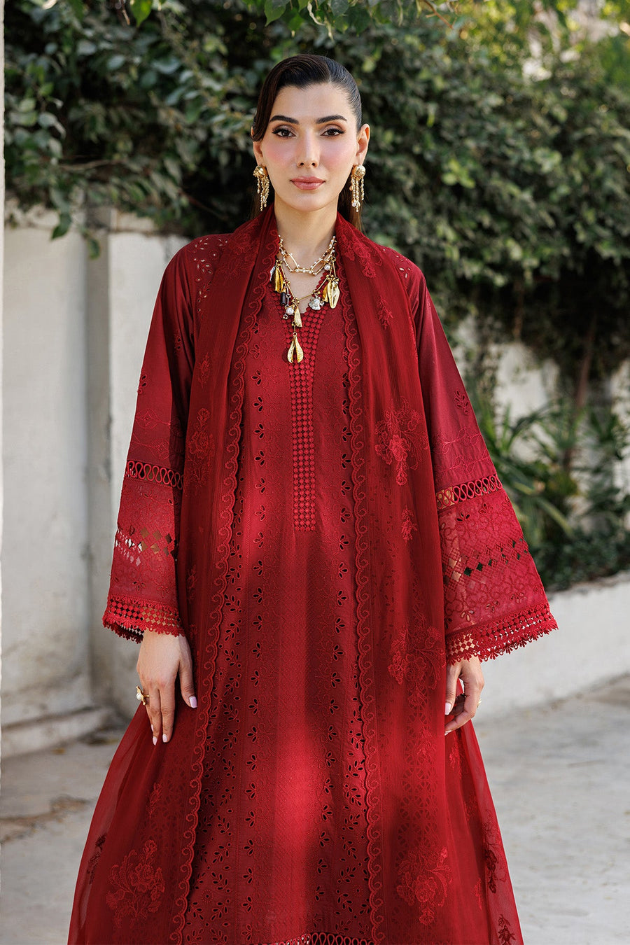 Crimson Dahlia – Luxury Monochrome Schiffli Embroidered Deep Red 3-Piece Lawn Suit - Pehnaawaa