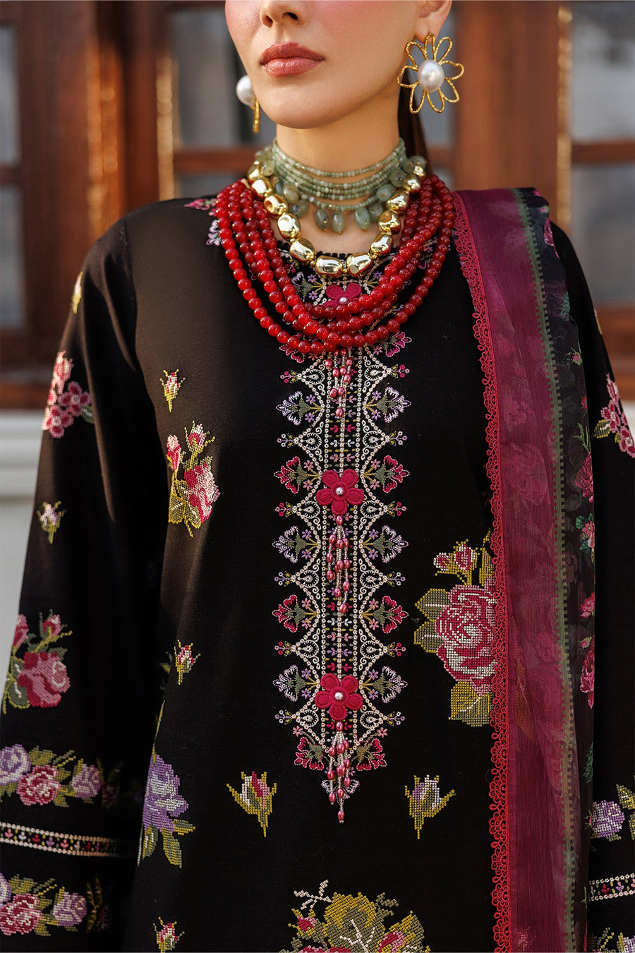 Close-up detailing of embroidered neckline and floral motifs on the front of the lawn suit