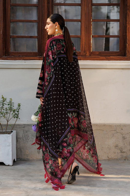 Back view showcasing printed chiffon dupatta with floral and geometric patterns draped over the embroidered lawn suit