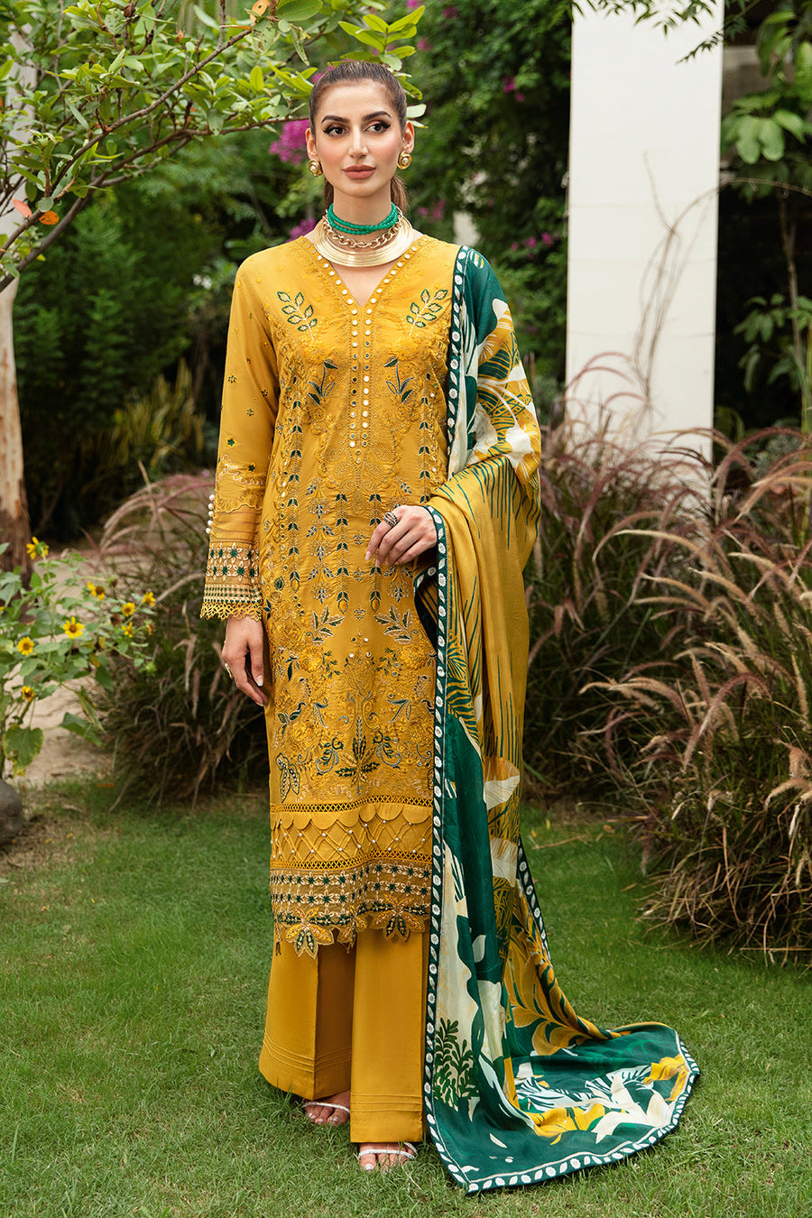 Mustard Bloom Embroidered Lawn 3-Piece Suit with Digital Printed Silk Dupatta - Pehnaawaa