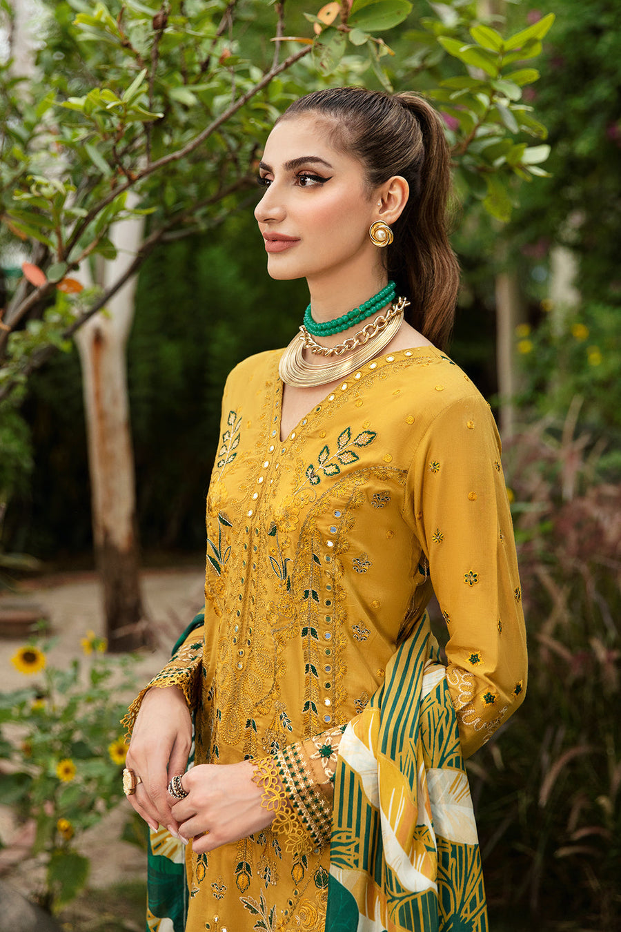 Mustard Bloom Embroidered Lawn 3-Piece Suit with Digital Printed Silk Dupatta - Pehnaawaa