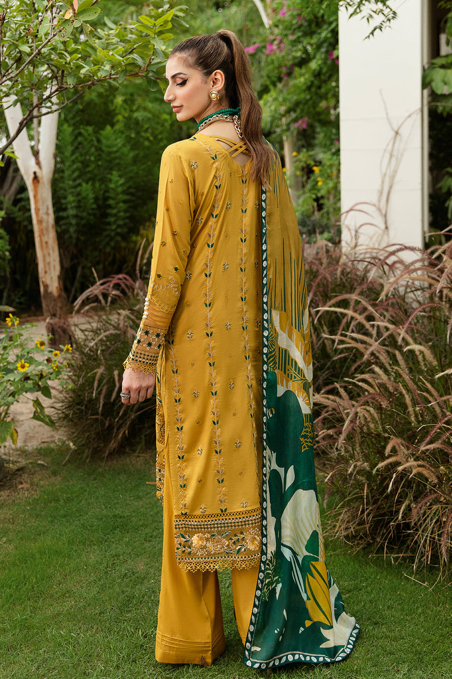 Mustard Bloom Embroidered Lawn 3-Piece Suit with Digital Printed Silk Dupatta - Pehnaawaa