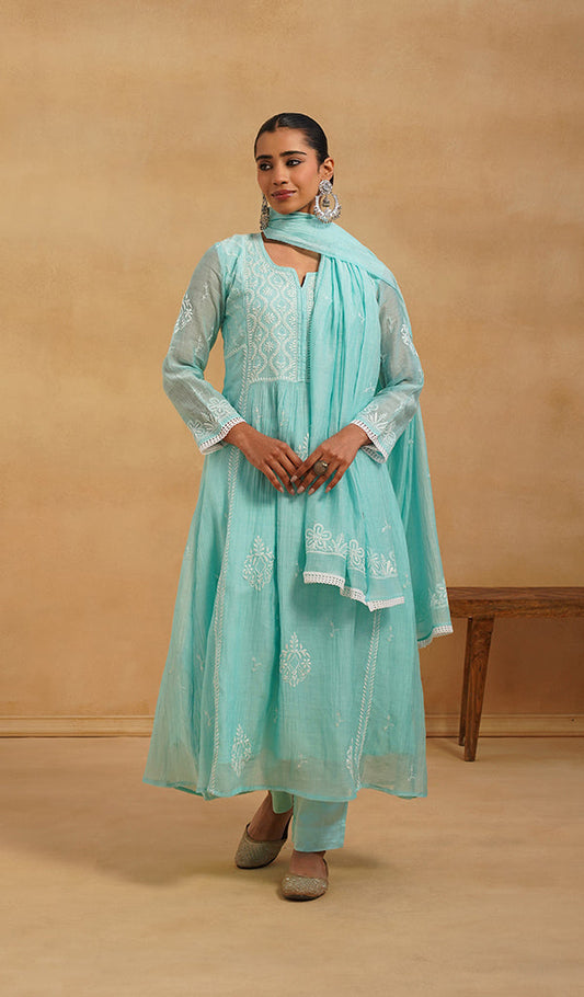 Women's Lakhnavi Handcrafted Mul Chanderi Chikankari Stitched Kurta, Dupatta And Pant Set - HONC0824547 - Pehnaawaa