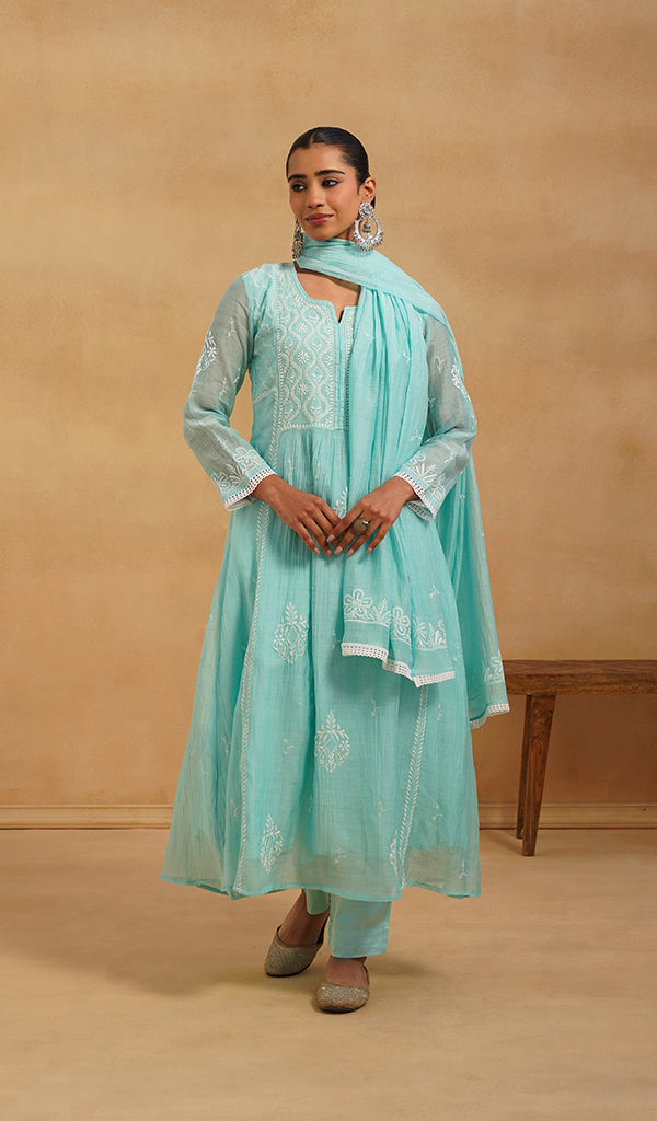 Women's Lakhnavi Handcrafted Mul Chanderi Chikankari Stitched Kurta, Dupatta And Pant Set - HONC0824547 - Pehnaawaa