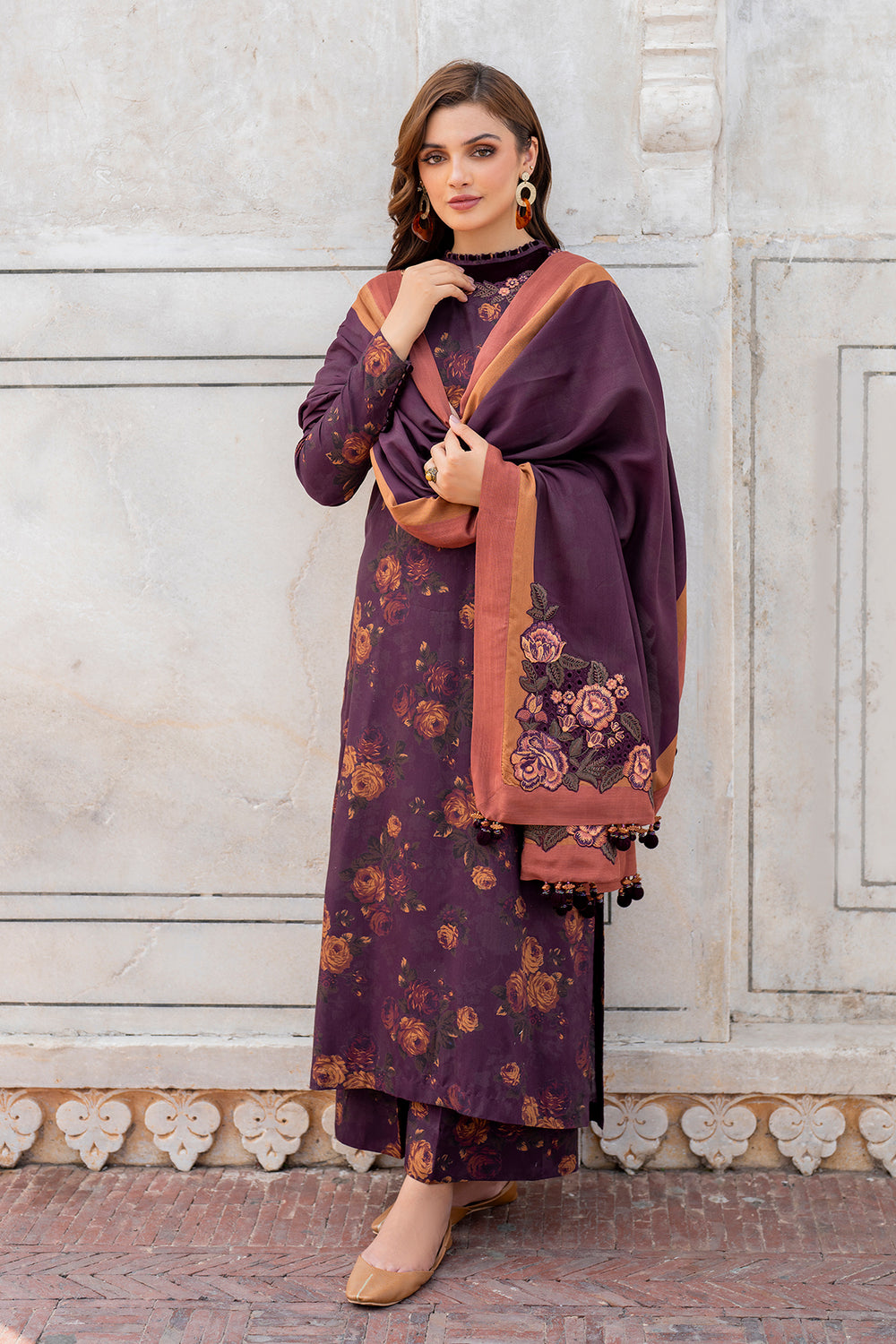 Embroidered Viscose 3-Piece Floral Ensemble Set