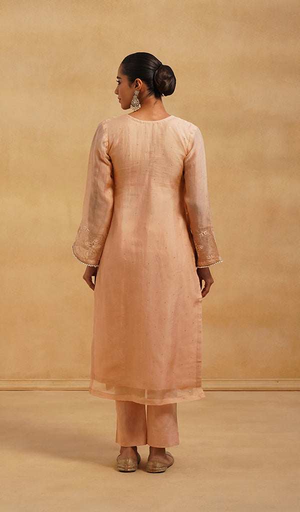 Women's Lucknowi Handcrafted Pure Organza Silk Stitched Chikankari Kurta, Dupatta With Pant Set- HONC054558