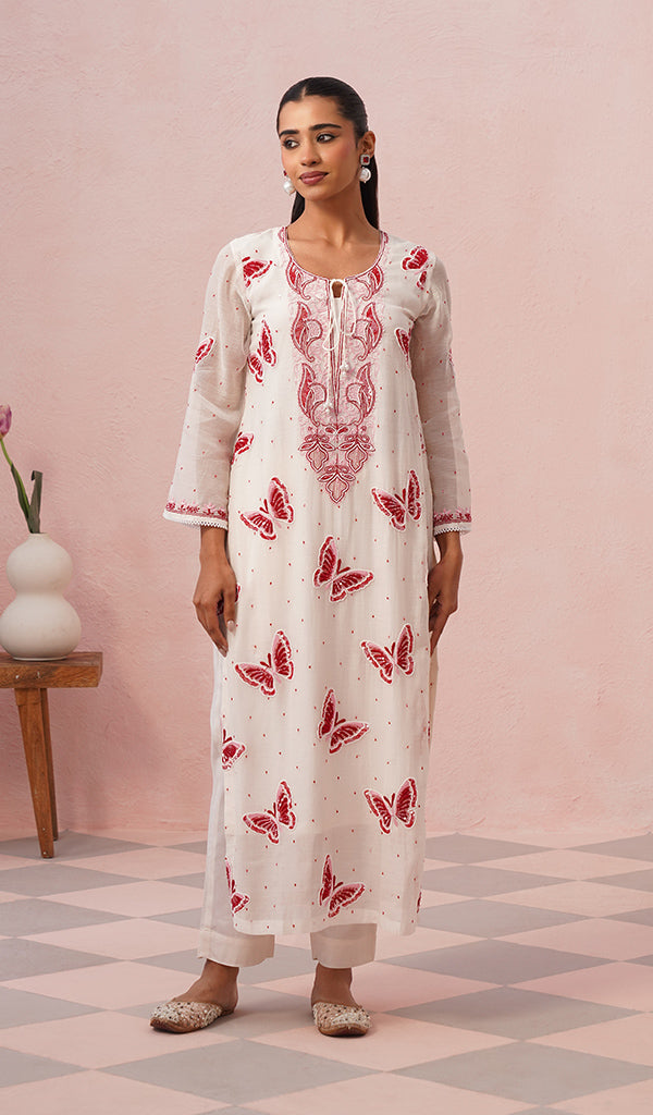 Titlee Women's Lakhnavi Handcrafted Mul Chanderi Chikankari Stitched Kurta, Dupatta And Pant Set
