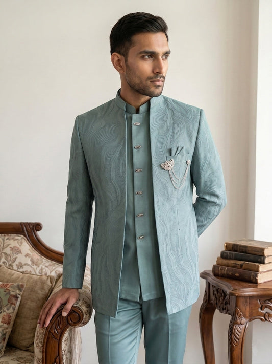 Men's Cotton Blend Embroidered Indo-Western Set ( 50JIND 218Sky )