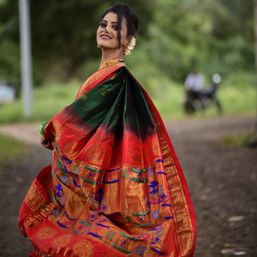 Glorious Green Paithani Silk Saree With Ethnic Blouse Piece - Pehnaawaa