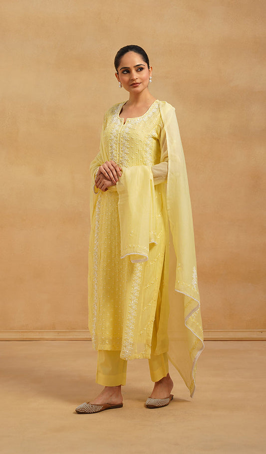 Saziya Women's Lakhnavi Handcrafted Mul Chanderi Chikankari Stitched Kurta, Dupatta And Pant Set