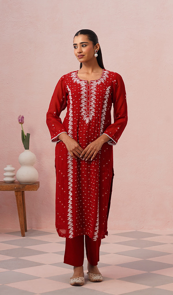 Saziya Women's Lakhnavi Handcrafted Mul Chanderi Chikankari Stitched Kurta, Dupatta And Pant Set