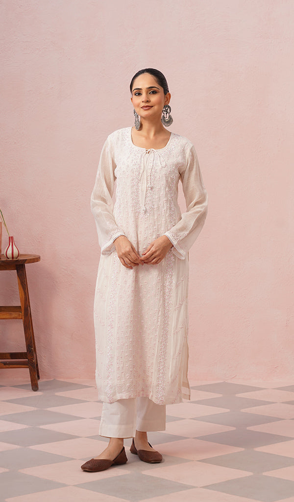 Saziya Women's Lakhnavi Handcrafted Mul Chanderi Chikankari Stitched Kurta, Dupatta And Pant Set - HONC01327945