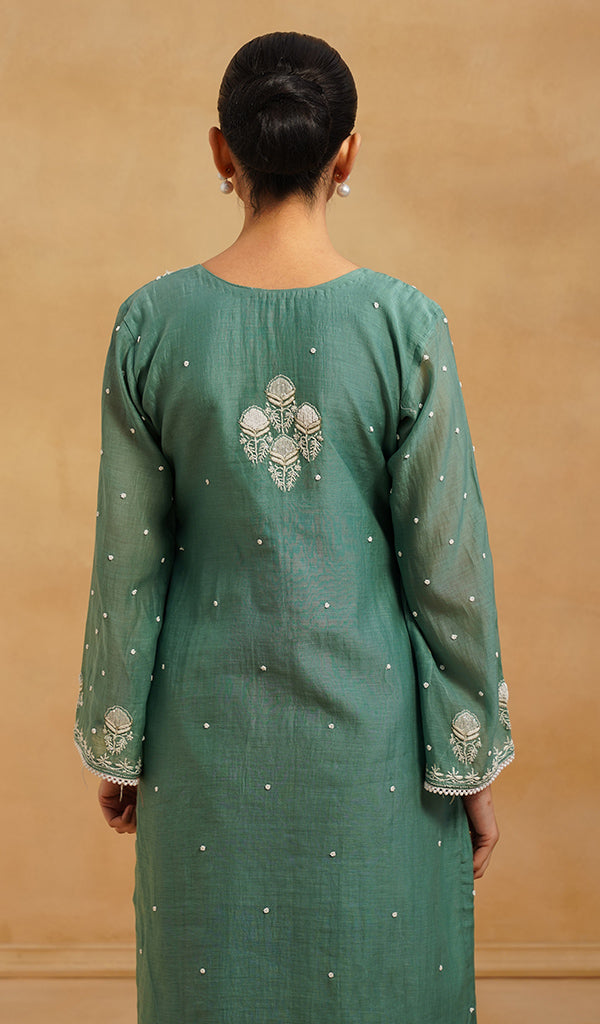 Women's Lakhnavi Handcrafted Mul Chanderi Chikankari Stitched Kurta, Dupatta And Pant Set