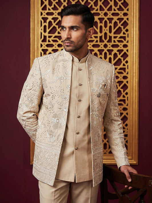 Silk Blend Floral Embroidered Indo-Western Set ( 50JIND 227Beige )