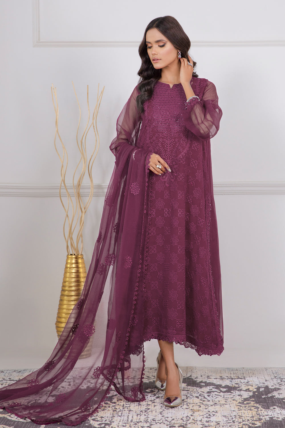 MAGENTA EMBROIDERED CHIFFON 3-Piece