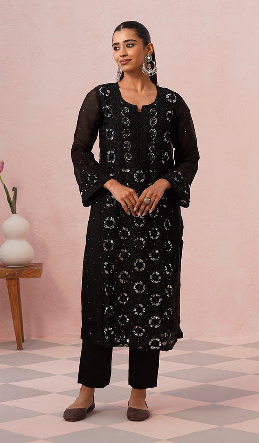 Women's Lucknowi Handcrafted Pure Organza Silk Stitched Chikankari Kurta, Dupatta With Pant Set