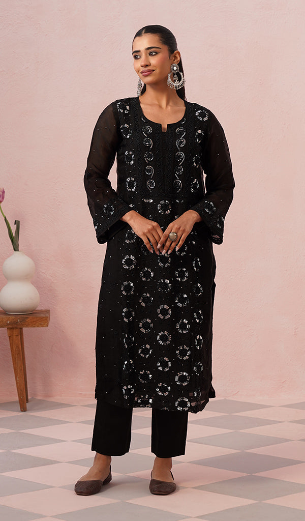 Women's Lucknowi Handcrafted Pure Organza Silk Stitched Chikankari Kurta, Dupatta With Pant Set