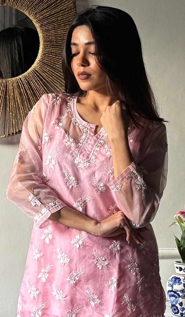 Women's Lucknowi Handcrafted Organza  Stitched Chikankari Kurta And Plazzo Set - Pehnaawaa