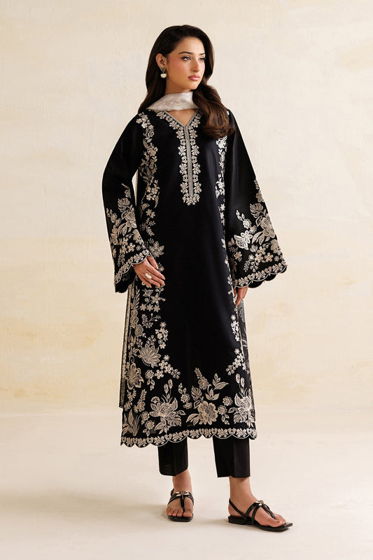 Black Embroidered Lawn Suit with Silk Dupatta | SF-4471