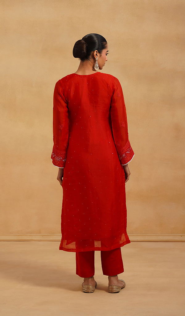 Women's Lucknowi Handcrafted Pure Organza Silk Stitched Chikankari Kurta, Dupatta With Pant Set