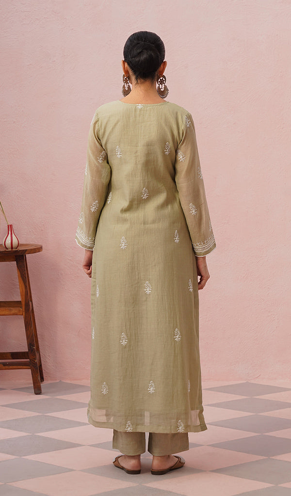 Women's Lakhnavi Handcrafted Mul Chanderi Chikankari Stitched Kurta, Dupatta And Pant Set - HONC0555586