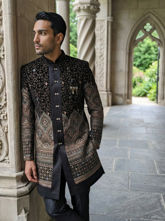 Men’s Black Embroidered Indo-Western Set ( 50JIND 130Black S )