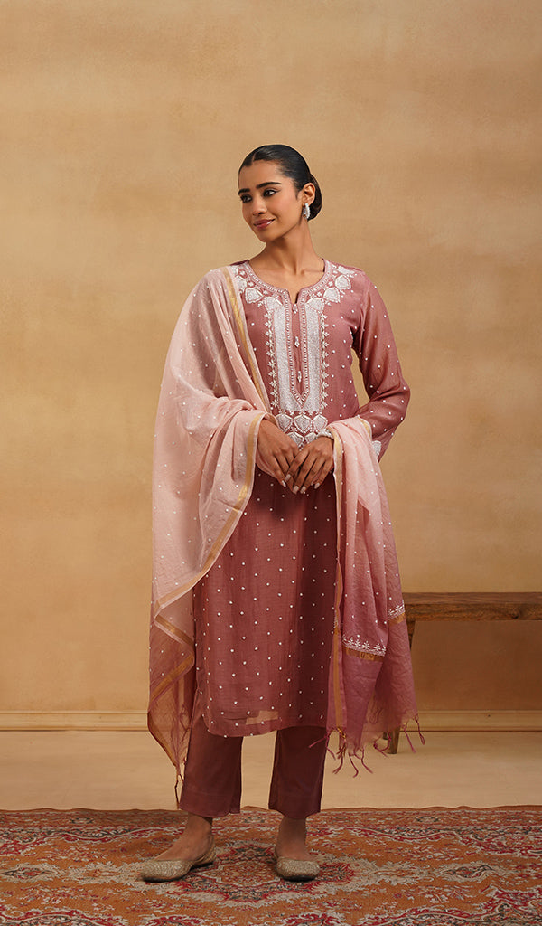 Jazba Women's Lakhnavi Handcrafted Mul Chanderi Chikankari Stitched Kurta, Dupatta And Pant Set