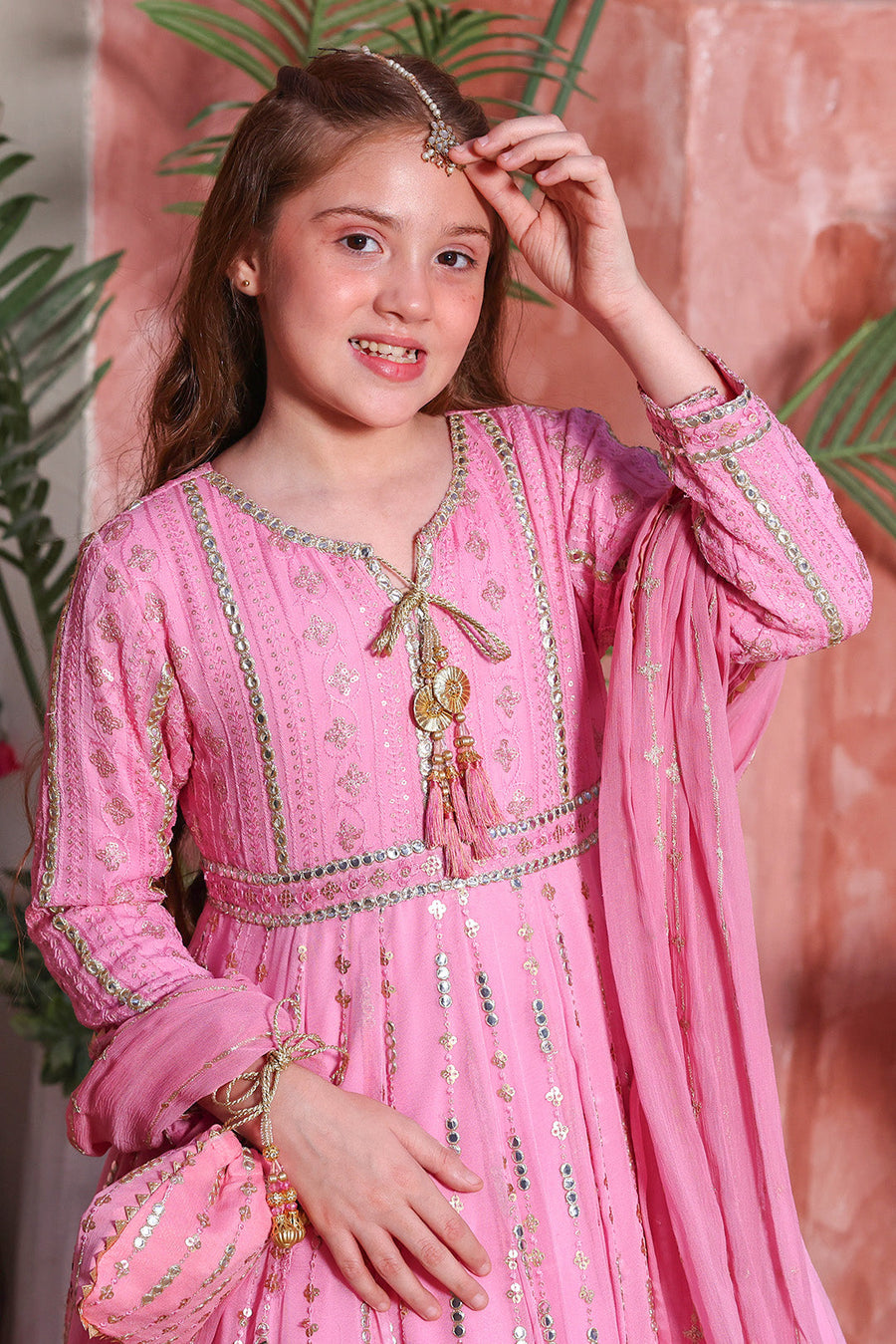 Girls’ Flamingo Pink Chikankari & Sequin Chiffon Maxi with Dupatta & Pouch
