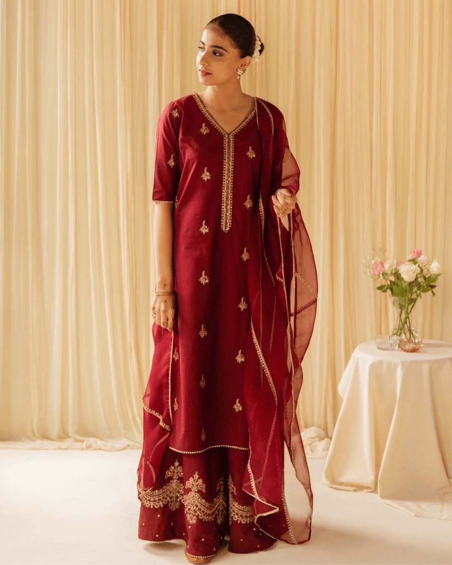 Red Maroon – Elegant Embroidered Suit for Women