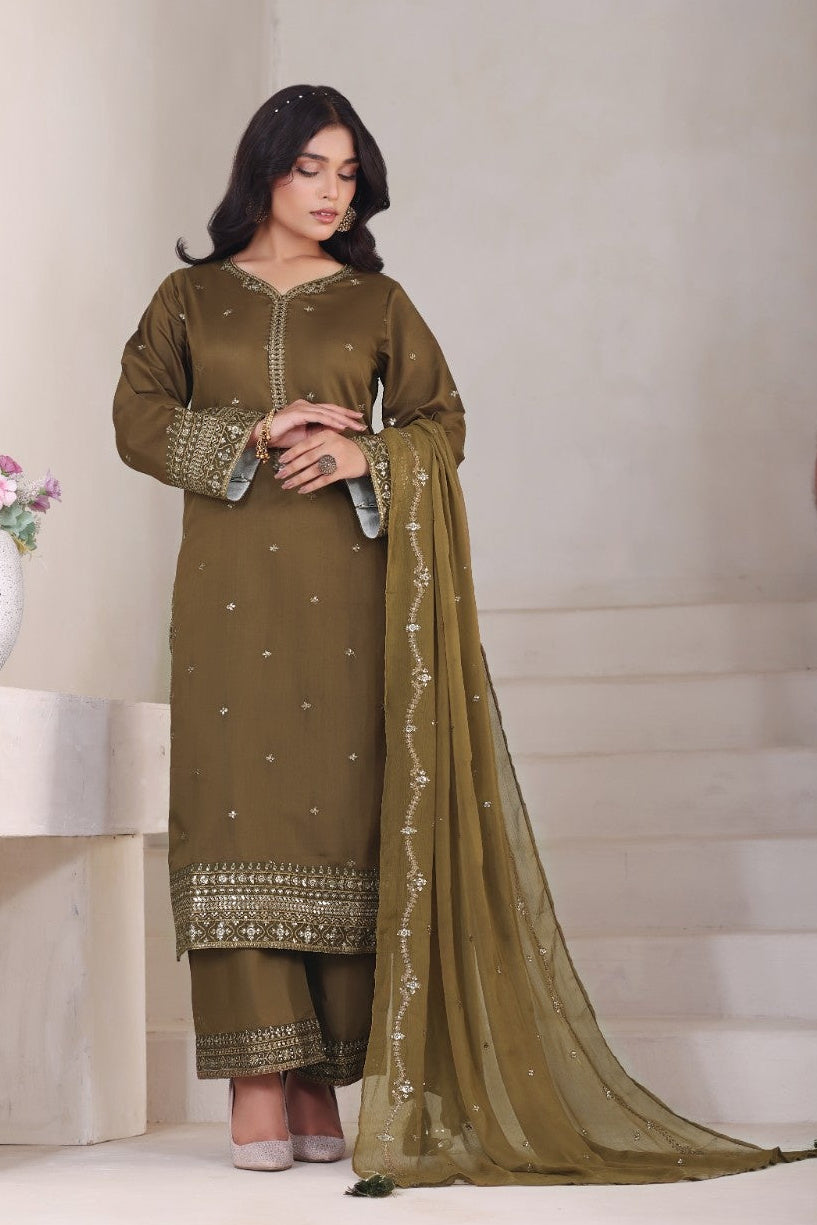 Green Punkh 3 piece stitched embroidered suit