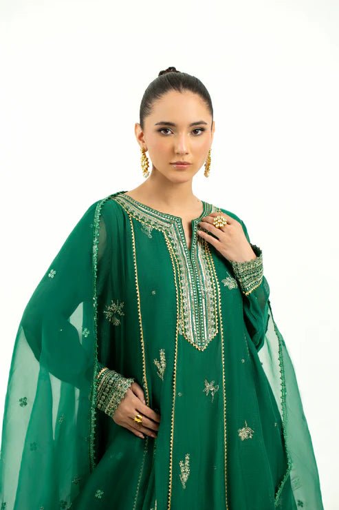 2 Piece - Embroidered Cotton Staple Khadi Net Suit - Pehnaawaa