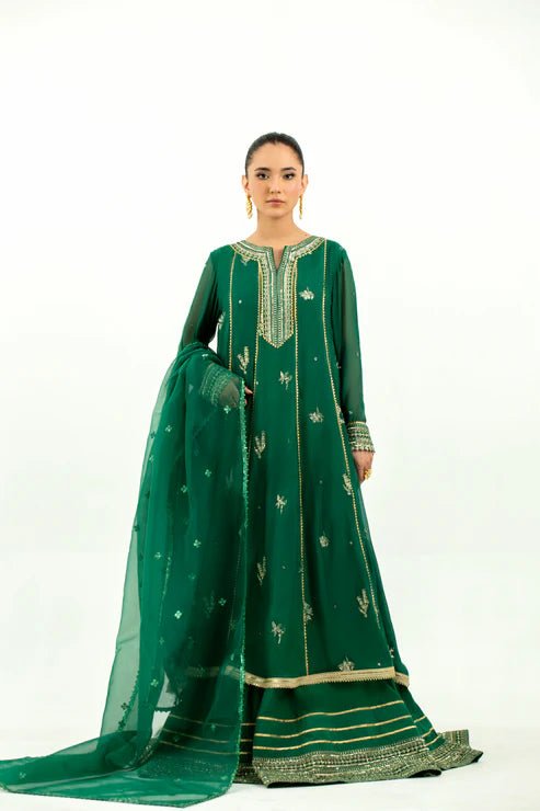 2 Piece - Embroidered Cotton Staple Khadi Net Suit - Pehnaawaa