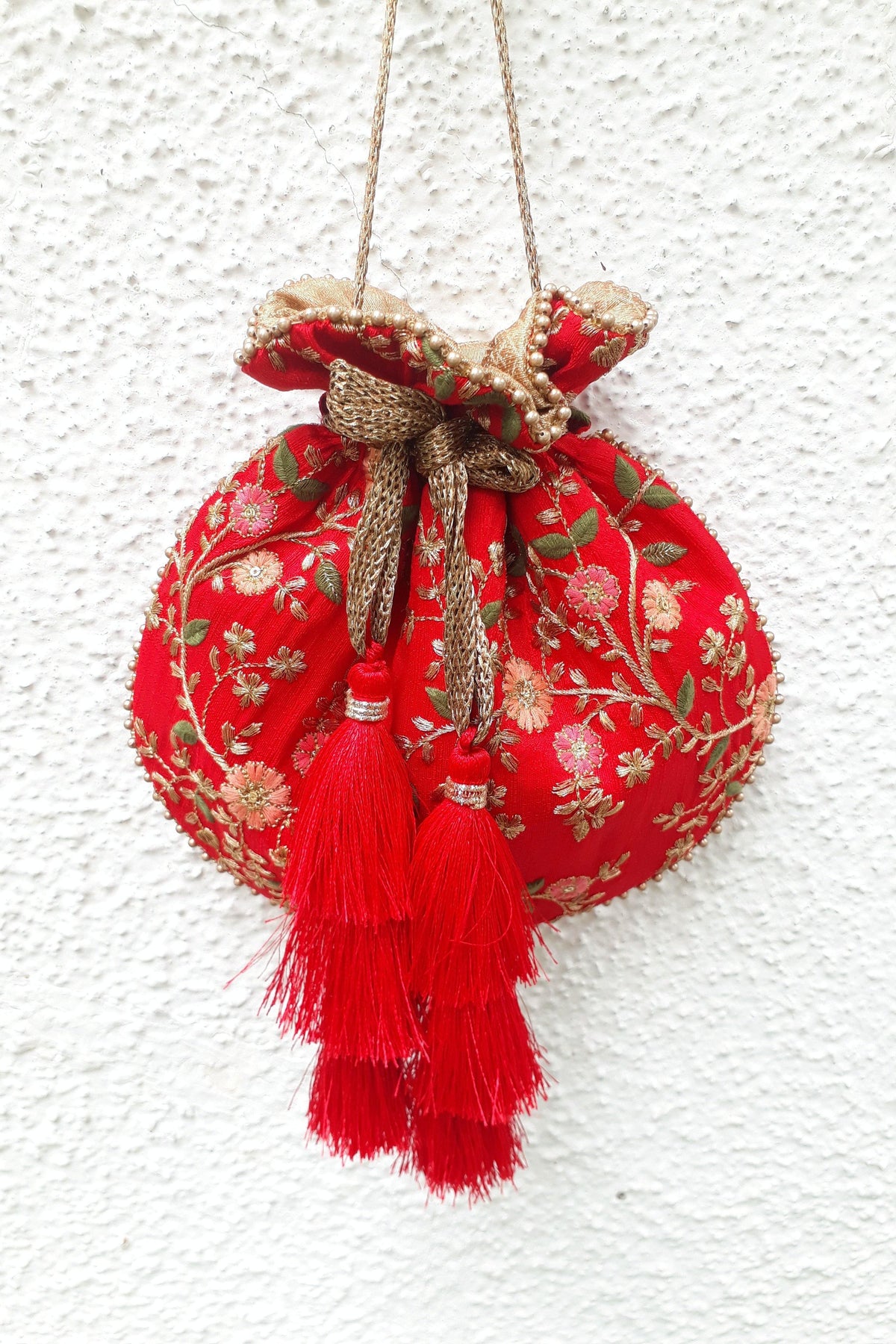 Embroidered Floral Red Potli Bag