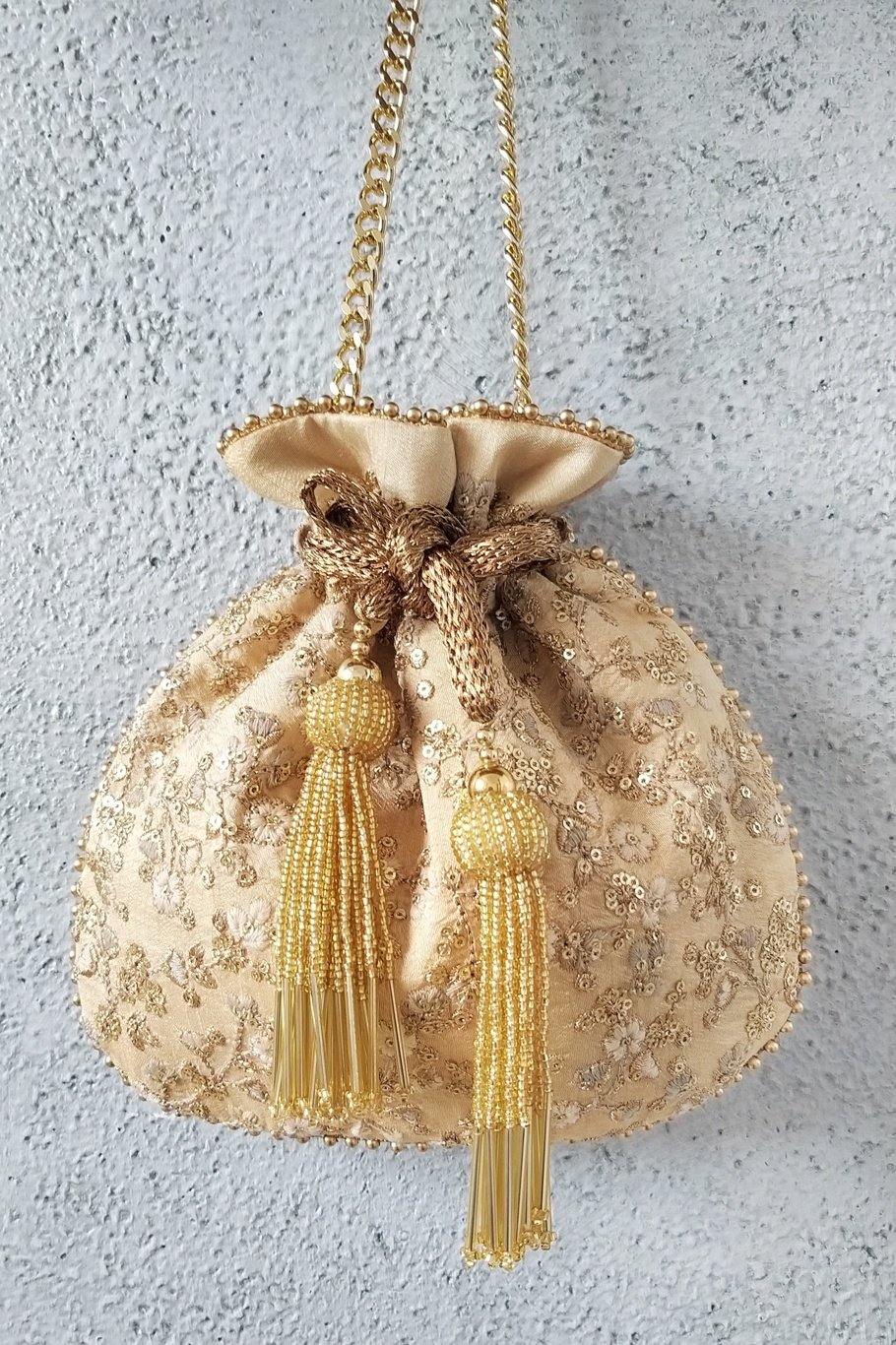 Gold Floral Embroidered Potli Bag