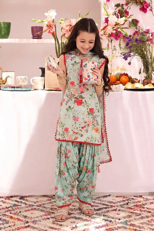 Girls’ Mint Green Floral Chikankari Lawn 3-Piece Suit with Draped Shalwar