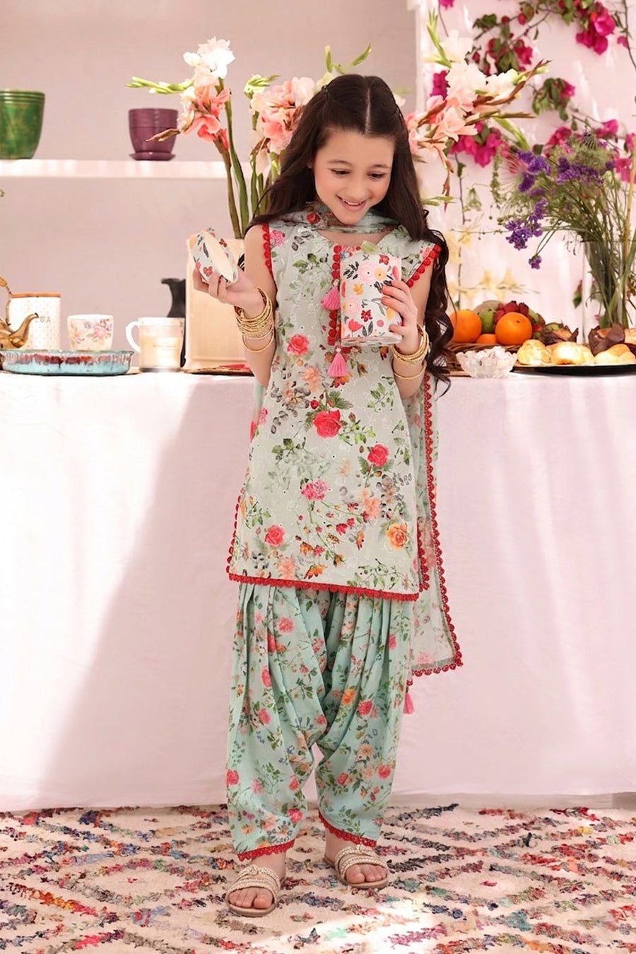 Girls’ Mint Green Floral Chikankari Lawn 3-Piece Suit with Draped Shalwar