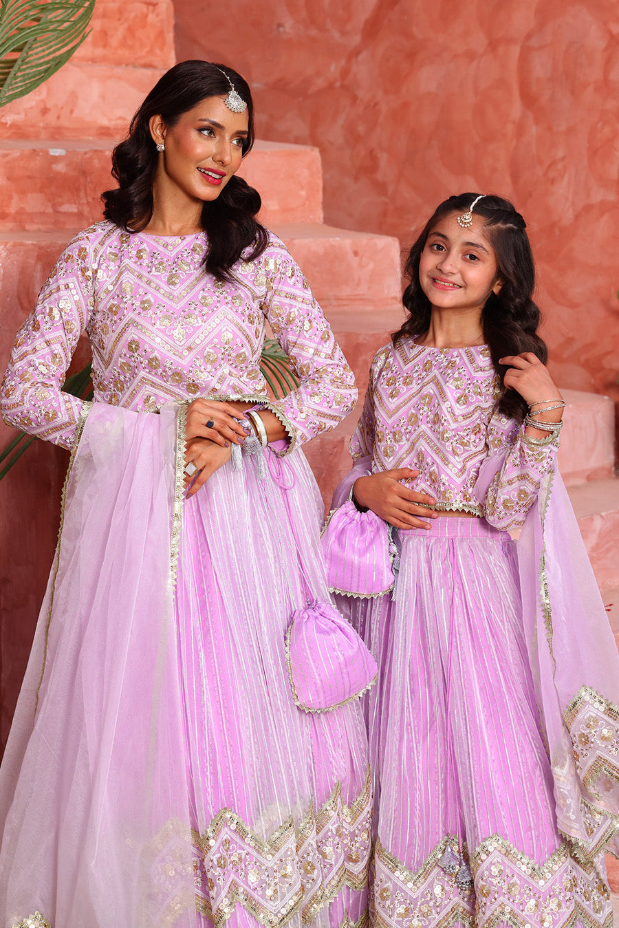 Girls’ Lilac Gold Chevron Embroidered Lehenga Choli with Dupatta & Potli