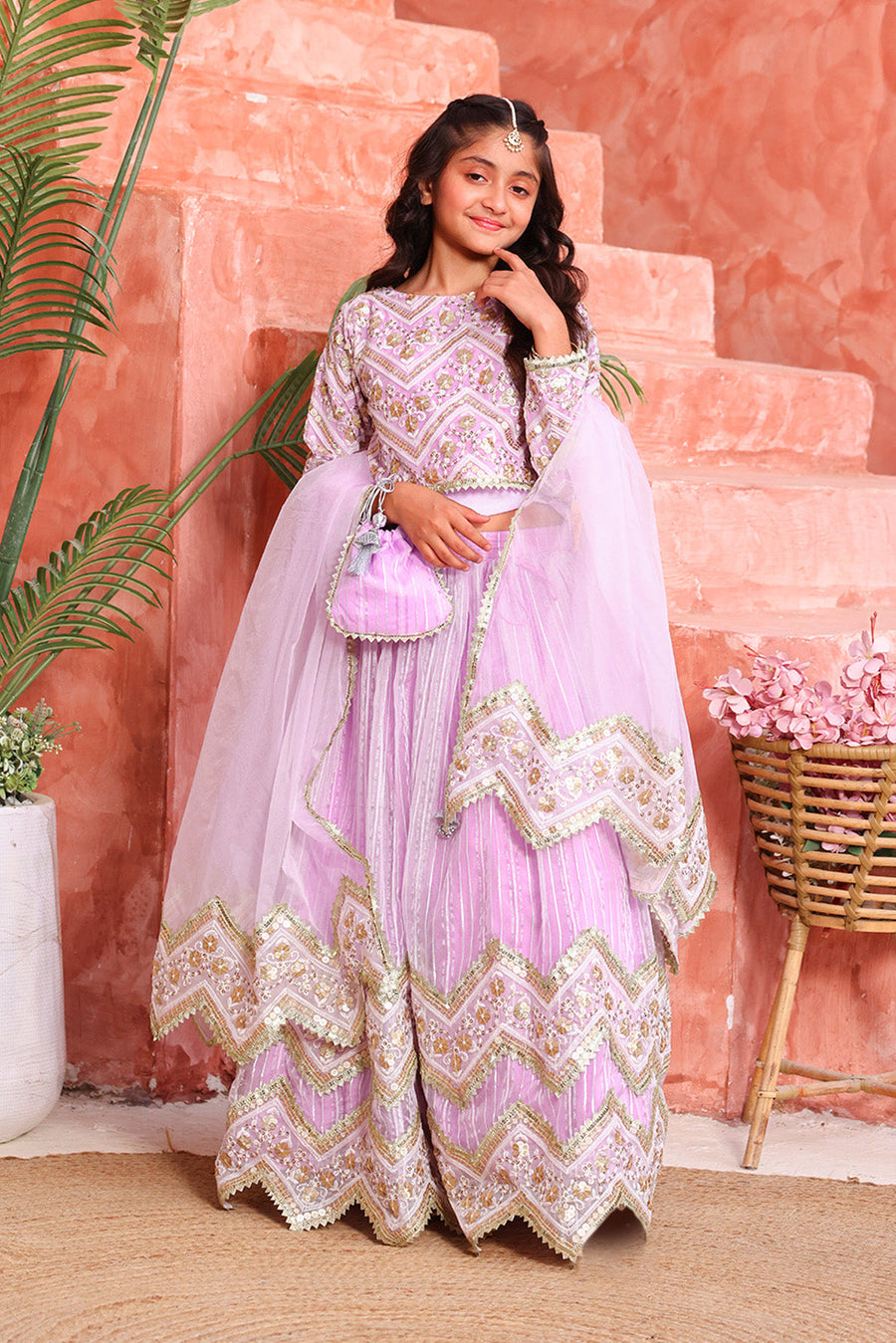 Girls’ Lilac Gold Chevron Embroidered Lehenga Choli with Dupatta & Potli