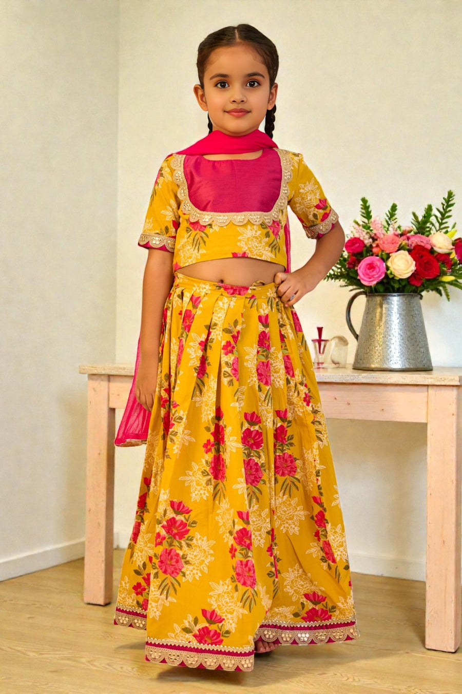 Girls Yellow Floral Lehenga with Pink Yoke Top and Dupatta (3 Piece)