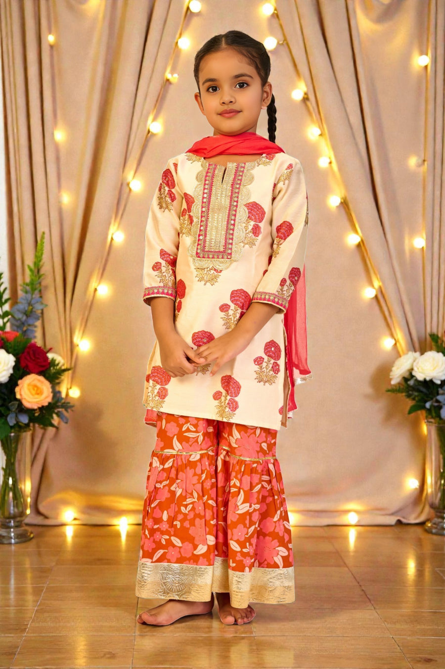 Girls Orange Handblock Chanderi Kurti with Modal Sharara and Dupatta (3 Piece)