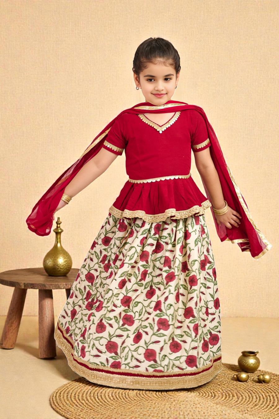 Girls Maroon Handblock Chanderi Lehenga with Peplum Top and Dupatta (3 Piece)
