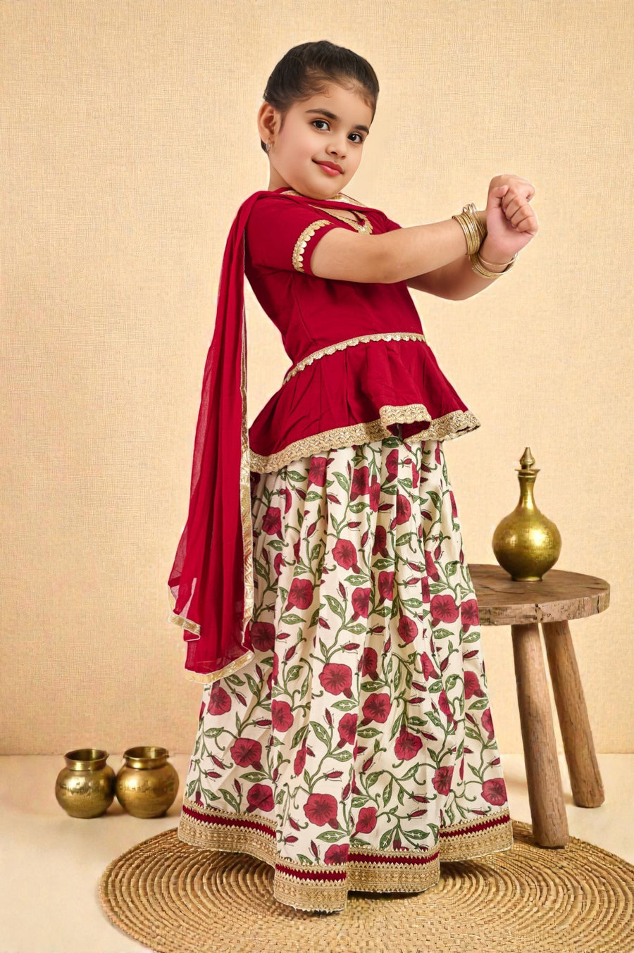 Girls Maroon Handblock Chanderi Lehenga with Peplum Top and Dupatta (3 Piece)