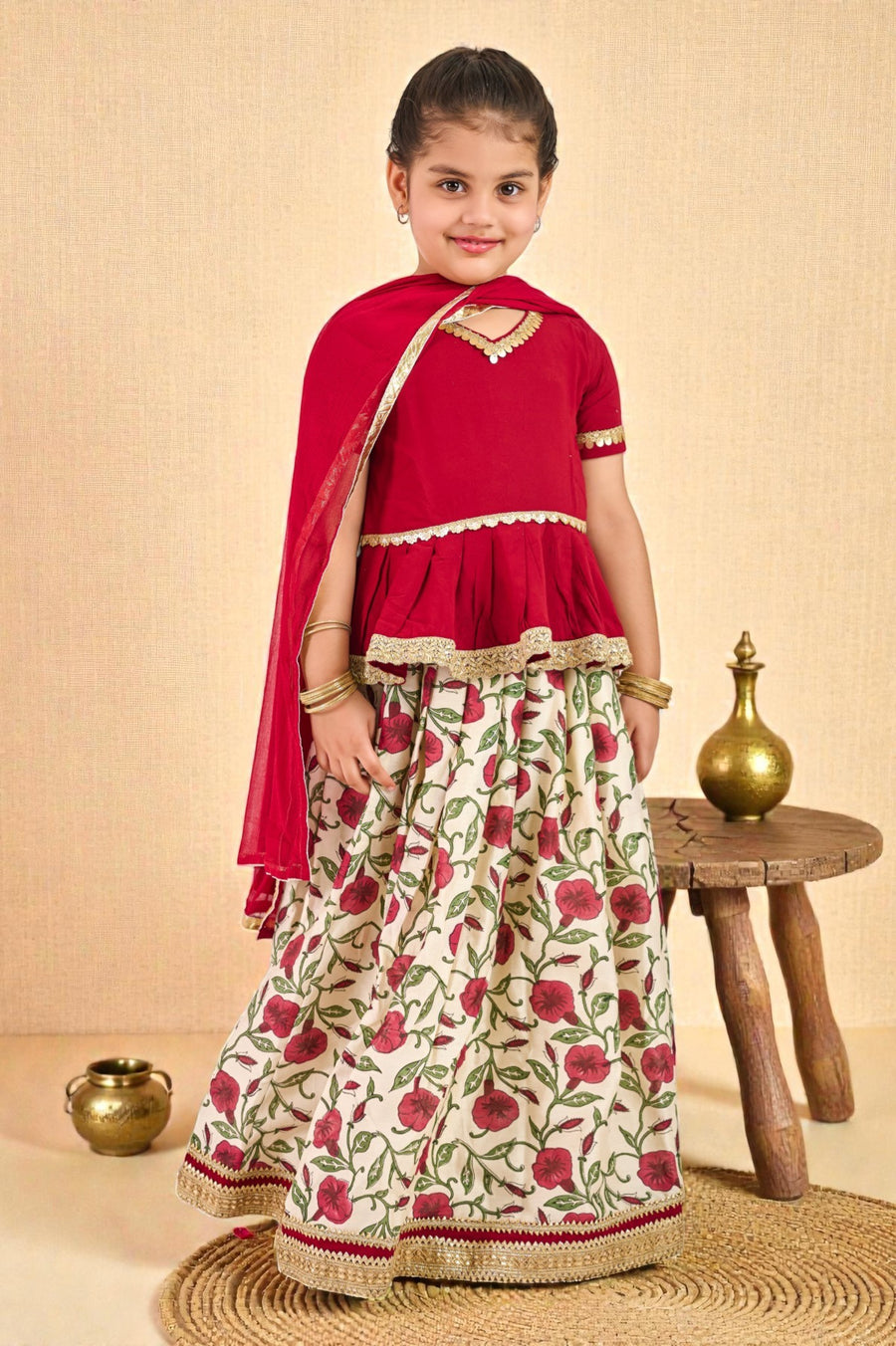 Girls Maroon Handblock Chanderi Lehenga with Peplum Top and Dupatta (3 Piece)