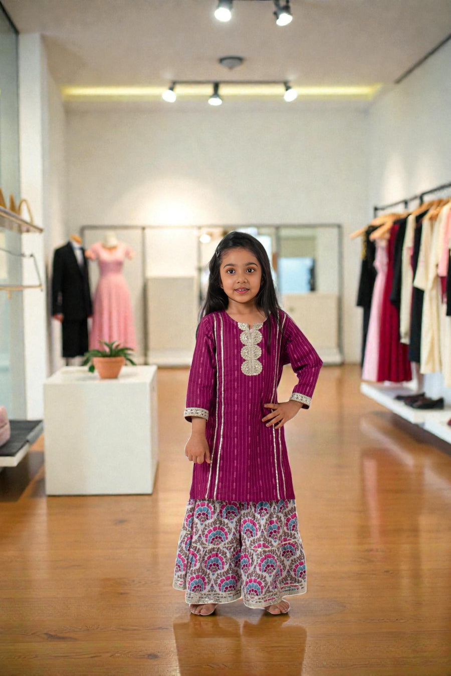 Girls Purple Kurti with Multicolor Floral Sharara and Dupatta (3 Piece)