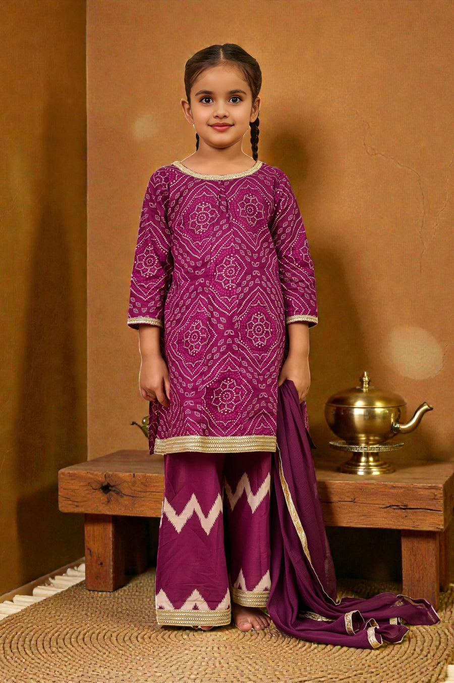 Girls Purple Bandhej Kurti with Leheriya Palazzo and Dupatta (3 Piece)