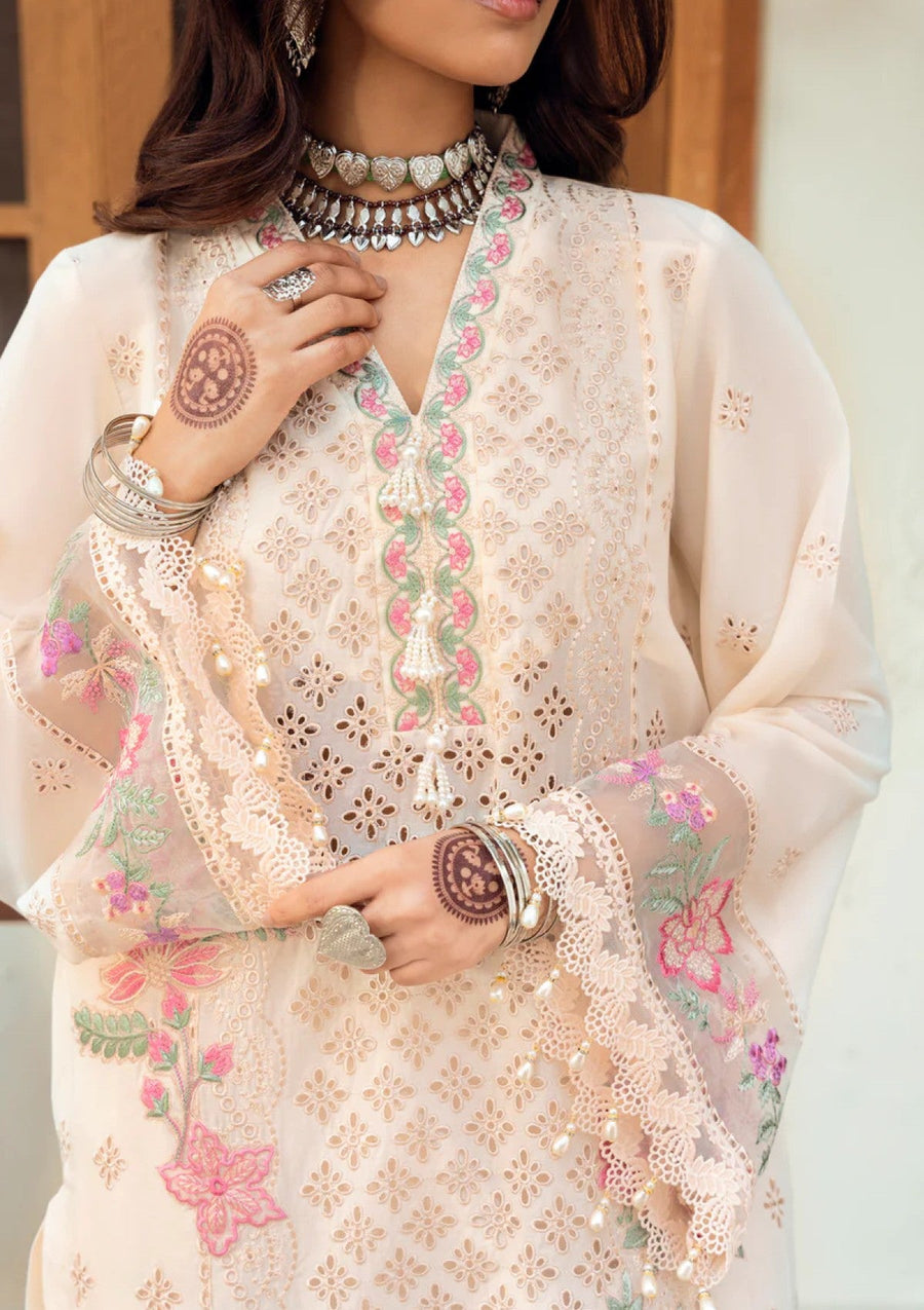 Beige Blossom Embroidered Chikankari 3 Piece Suit with Cotton Net Dupatta - Pehnaawaa