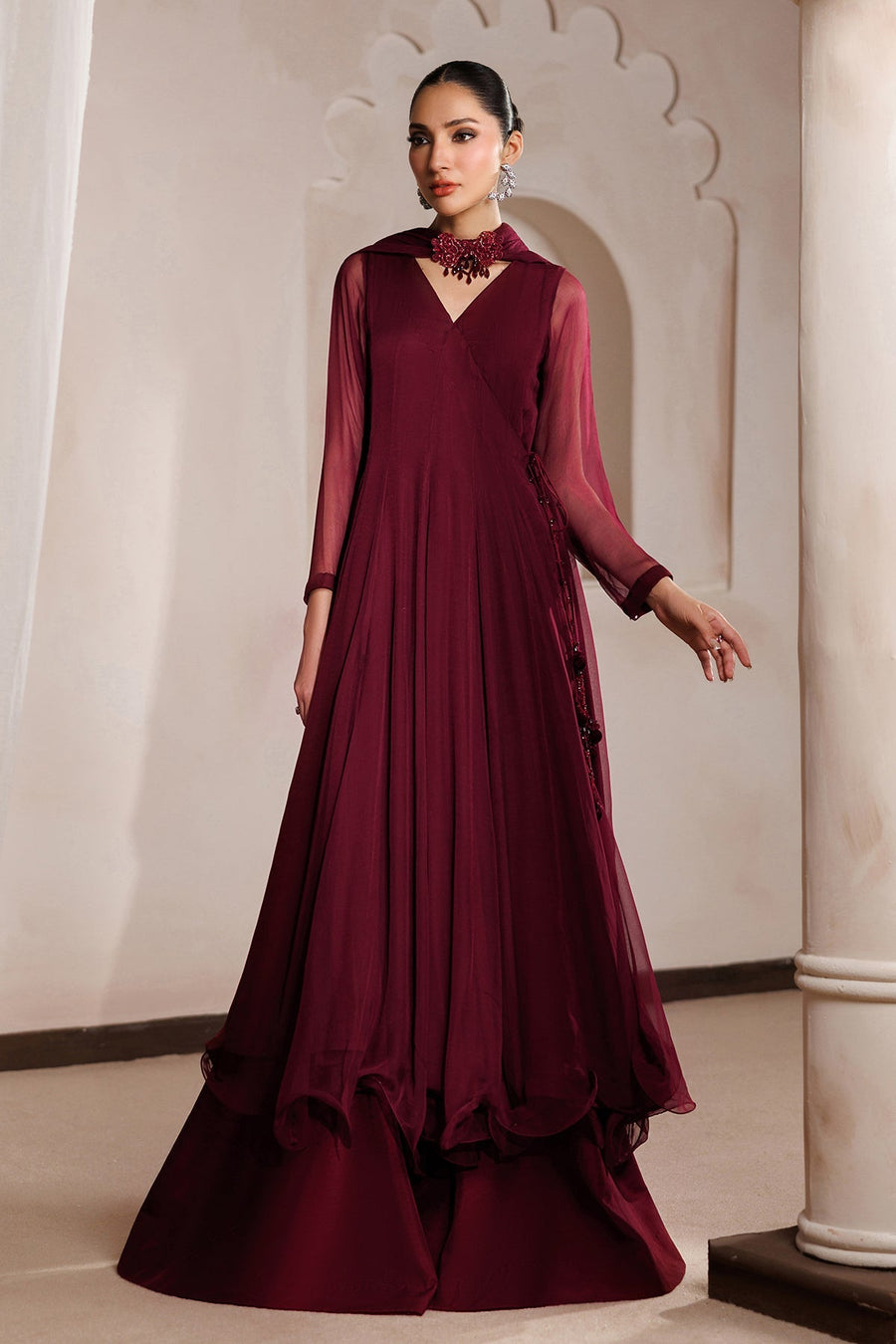 PR-1400 Embroidered Chiffon Angrakha 3-Piece Formal Suit with Sharara