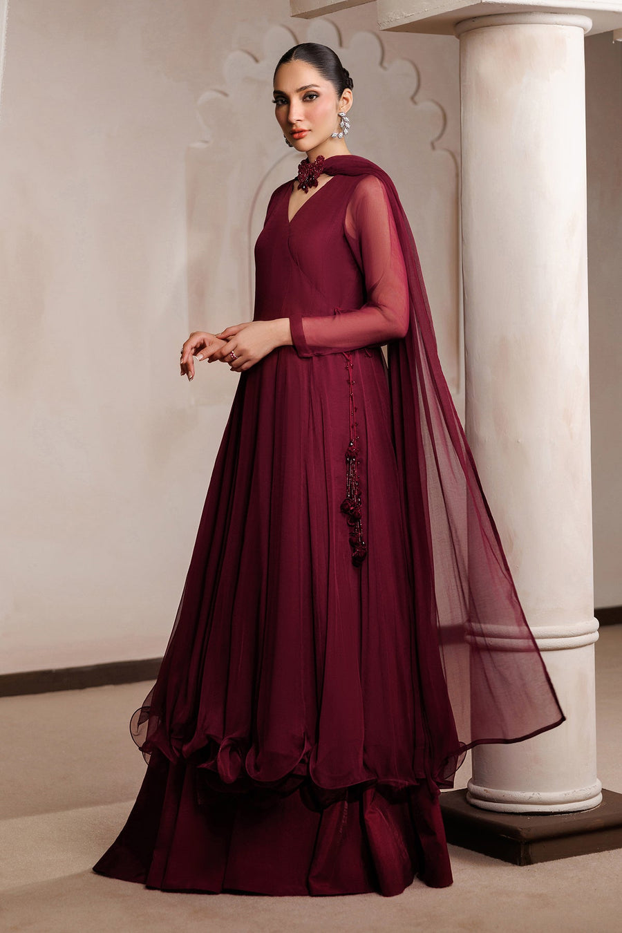 PR-1400 Embroidered Chiffon Angrakha 3-Piece Formal Suit with Sharara