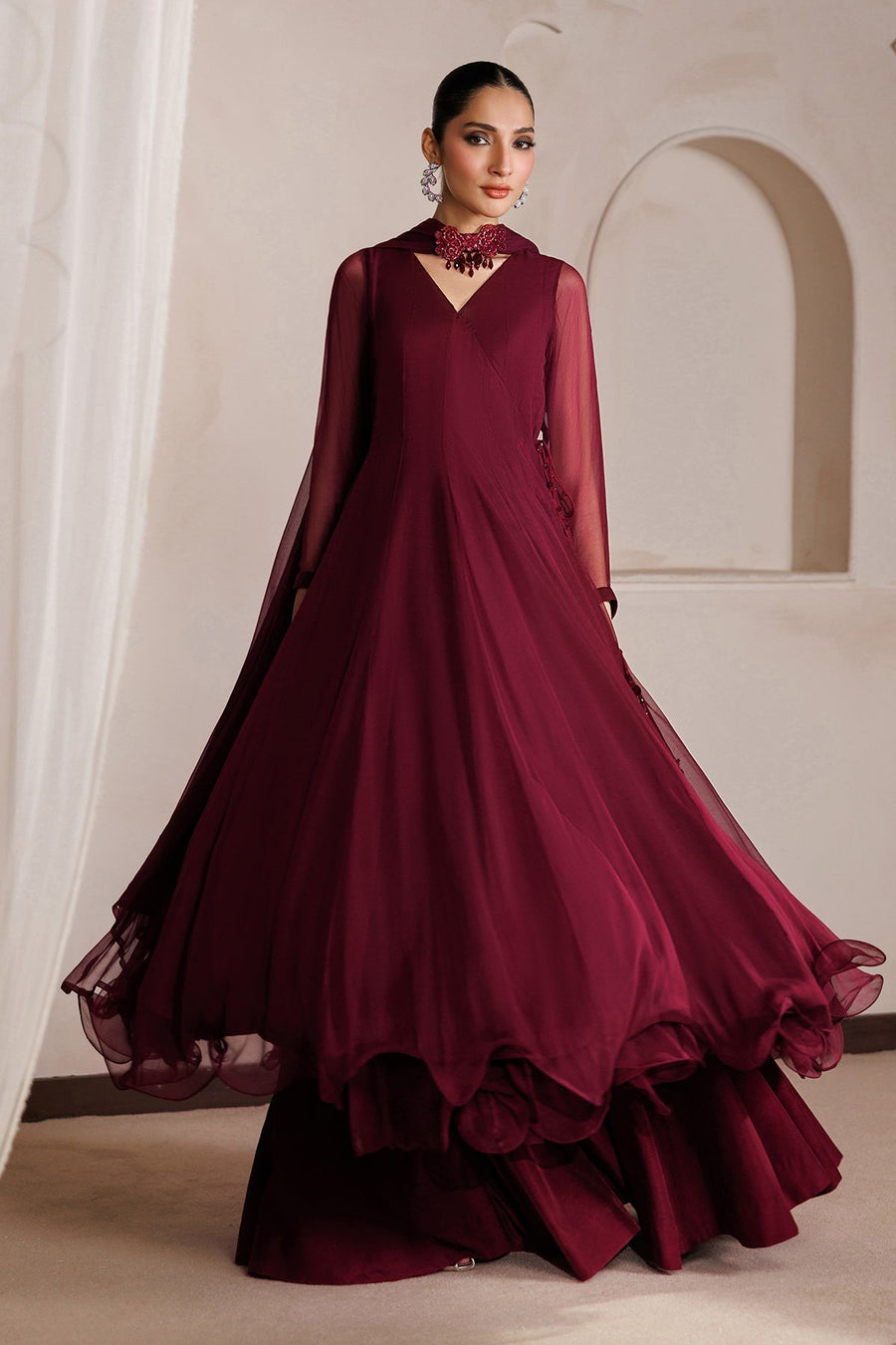 PR-1400 Embroidered Chiffon Angrakha 3-Piece Formal Suit with Sharara